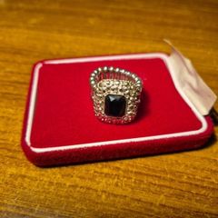 Vintage Silver Tone Metal Black Gemstone Stretch Ring
