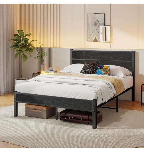Double Bed Frame with Wooden Headboard