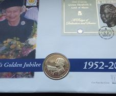 Queen Elizabeth II 2002 Golden Jubilee Coin and Mini-Sheet Stamp Cover ( Gibraltar 1 Crown )