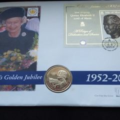 Queen Elizabeth II 2002 Golden Jubilee Coin and Mini-Sheet Stamp Cover ( Gibraltar 1 Crown )
