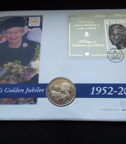 Queen Elizabeth II 2002 Golden Jubilee Coin and Mini-Sheet Stamp Cover ( Gibraltar 1 Crown )
