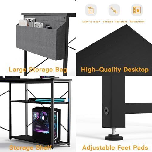 L Shaped Gaming Desk, 100x70 cm Computer Desk with Storage Bag, Office Desk Small Writing Table with Large Reversible Storage Shelves, Workstation for Study Play Work Home Office, Black