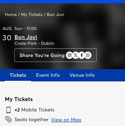 Bon Jovi - Croke Park, 30 August - 2 tickets