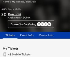 Bon Jovi - Croke Park, 30 August - 2 tickets