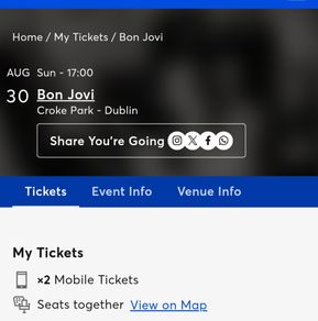 Bon Jovi - Croke Park, 30 August - 2 tickets