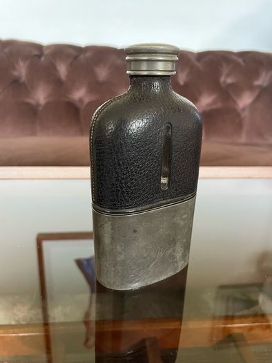 Edwardian Pewter Glass and Leather Gentlemans Hip Flask