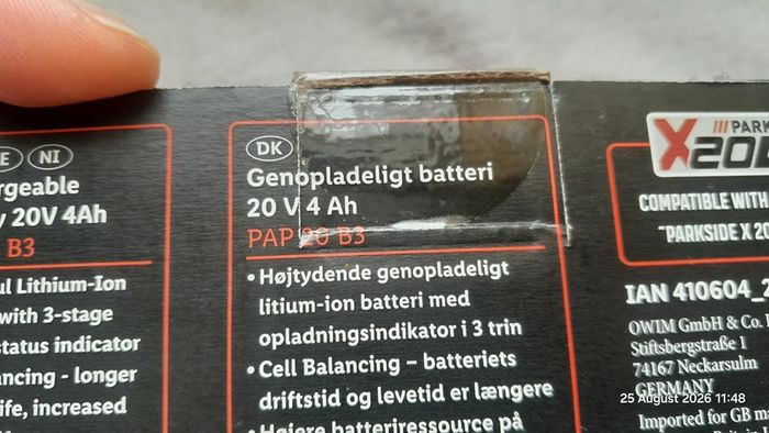 Lidl Parkside 20V X20V Battery 4.0 Ah PAP 20 B3 Li-Ion