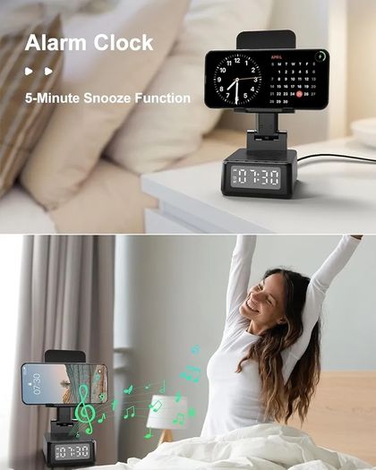 Birthday Gifts for Men Women, Bluetooth Speaker with Wireless Charger & Phone Stand, Gifts for Him, Foldable Angle & Height Stand with Alarm Clock, Ideal for Dad Mom, Tech Gadget Stocking Fillers