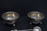 Antique Birmingham 1883 Silver Salt Dishes with Decorative Spoon