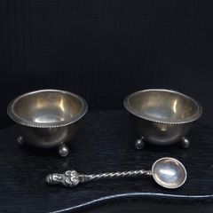 Antique Birmingham 1883 Silver Salt Dishes with Decorative Spoon