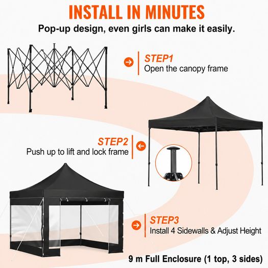 10ft x 10ft Black Pop-Up Gazebo with Clear Sidewalls & Wheeled Carry Bag 3m x 3m