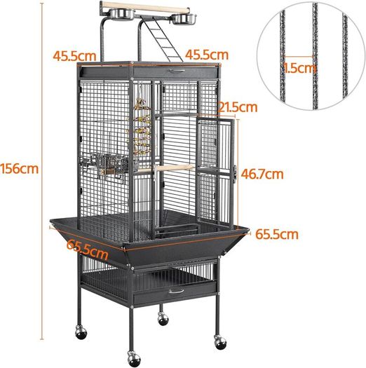 Large Aviary Cage for Parrots Inseparable Large with Pedestal Metal Wheels for Indoor Outdoor 65.5 x 65.5 x 156 cm Black