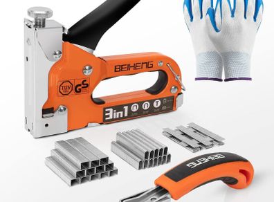 Staple Gun, BeiHeng 3 in 1 Staple Nail Steel Gun with 3000 Staples, Staple Remover, Gloves, Manual Brad Nailer Power Adjustment Stapler Gun for Wood, Crafts, Carpentry, Decoration DIY