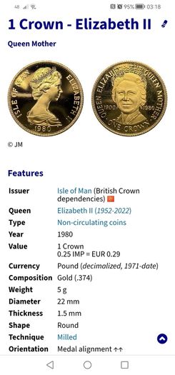 1980 Isle Of Man Gold Proof One Crown Coin