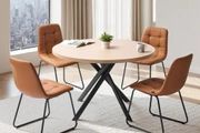5-Piece Dining Table Set, Space-Saving Round Kitchen Table with 4 Upholstered Orange Chairs, PU Leather Cushions, Modern Wood-Tone Desk with Adjustable Foot Pads for Dining Room, Small Spaces