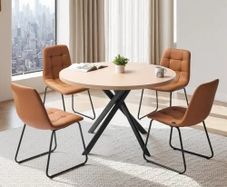 5-Piece Dining Table Set, Space-Saving Round Kitchen Table with 4 Upholstered Orange Chairs, PU Leather Cushions, Modern Wood-Tone Desk with Adjustable Foot Pads for Dining Room, Small Spaces