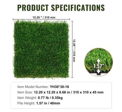 Artifical Grass Tiles Interlocking Turf Deck Set, 18 Pack 305x305mm, Synthetic Fake Grass Self-draining Mat Flooring Decor Pad, Perfect For Multi-Purpose