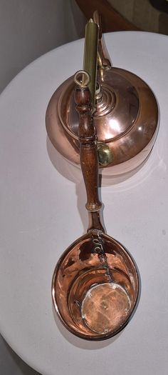 Beautiful Vintage Copper Kettle & Antique Handmade Dovetailed Ladle Set