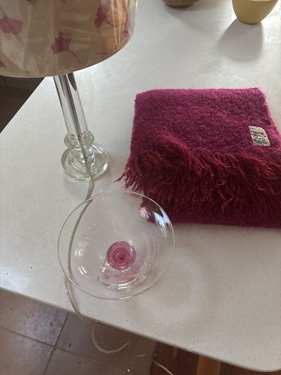4 pieces- Avoca Mohair Wool Magenta Throw, Jerpoint Pedestal / Footed Bowl, Cut Glass Pillar Lamp with Brand New Sanderson Drum Shade - all are perfect together