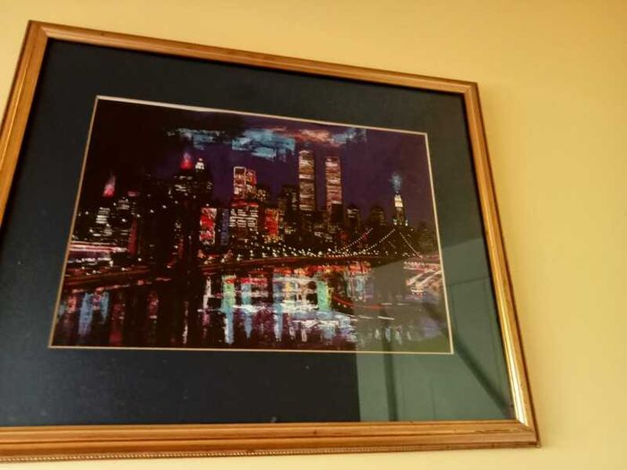 Framed New York Skyline Print - Vintage Manhattan Night / Twin Towers