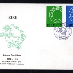 1974 Ireland Centenary of the Universal Postal Union (UPU) Centenary Commemorative Stamps Department of Post and Telegraph First Day Cover (FDC) with Baile Atha Cliath (Dublin) cancel