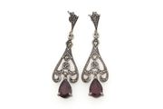 Vintage 925 Sterling Silver Garnet &amp; Marcasite Art Deco Style Stud Earrings