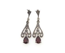 Vintage 925 Sterling Silver Garnet & Marcasite Art Deco Style Stud Earrings