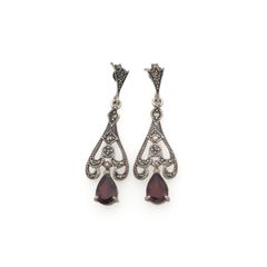 Vintage 925 Sterling Silver Garnet & Marcasite Art Deco Style Stud Earrings
