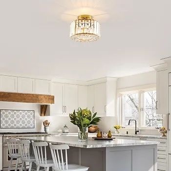 Ceiling Lights, Semi Flush K9 Crystal Chandelier Lamp with Metal Lampshade, E27 Gold Ceiling Lighting, Modern Light Fittings for Kitchen Hallway Living Room Bedroom Hall Home Decoration
