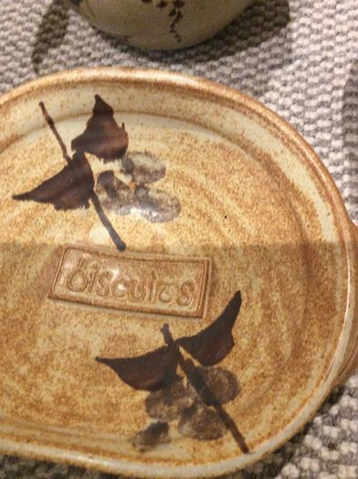 OFFERS WELCOME PLEASE -Ballydougan Stoneware Pottery - 4 Pieces . Biscuit ( Old Irish writing) Sugar and Tea lidded Jars and a shallow bowl shaped dish for biscuits