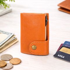 Genuine Leather Pop-Up Card Holder Wallet RFID Blocking Slim Credit Card Case