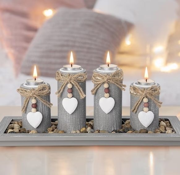 Set of 4 with Wodden Tray, Tealight Holders Candlestick Holder, Table Centerpiece Home Decor Living Room Bedroom Decoration Mum Gift Birthday Wedding Christmas Party Ornaments