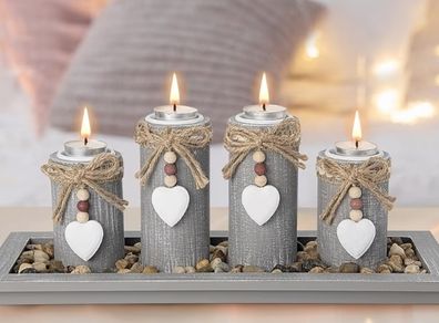 Set of 4 with Wodden Tray, Tealight Holders Candlestick Holder, Table Centerpiece Home Decor Living Room Bedroom Decoration Mum Gift Birthday Wedding Christmas Party Ornaments