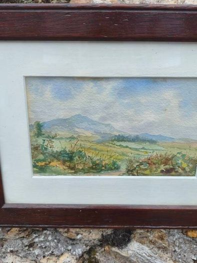 Original Watercolor Countryside Landscape Painting in Dark Wood Frame (Matted)