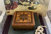 Vintage circa 1970 Hand-Carved Polish Wooden Jewellery Trinket Box Brass &amp; Copper Inlay