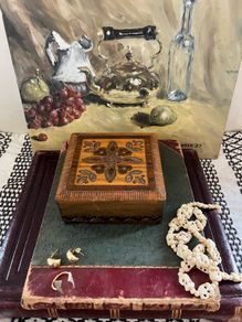 Vintage circa 1970 Hand-Carved Polish Wooden Jewellery Trinket Box Brass & Copper Inlay