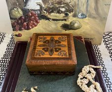 Vintage circa 1970 Hand-Carved Polish Wooden Jewellery Trinket Box Brass & Copper Inlay