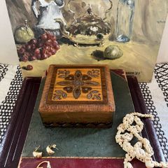 Vintage circa 1970 Hand-Carved Polish Wooden Jewellery Trinket Box Brass & Copper Inlay