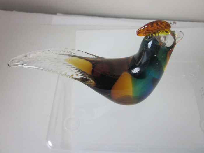 Pair of Hand Blown Multicoloured Art Glass Rooster Figurines
