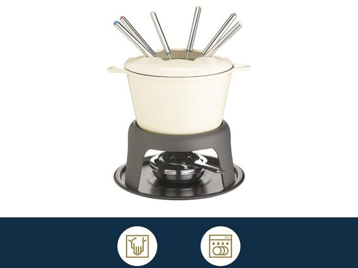 MasterClass Cast Iron Fondue Set, Fondue Pot with 6 Forks and Cast Iron Enamelled Bowl, Superior Heat Retention & Adjustable Burner, Gift Boxed, Cream, 21x18cm