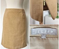 Vintage Jigsaw camel wool mini skirt brass zip Made in Italy UK size 12-14