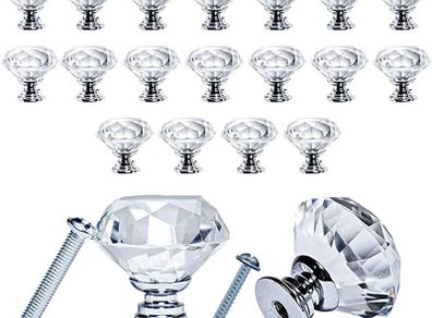 20Pcs Crystal Door Knobs for Cupboards with 40 Screws of 2 Sizes 25mm, 10mm, Diamond Shape Cabinet Knobs, Pull Handle with Screw, Drawer knobs, Dresser, Chest Canister Drawer Handles (FREE POSTAGE)