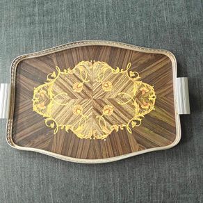 Vintage Woodmet England Mid Century Faux Wooden Brass Bar Serving Tray