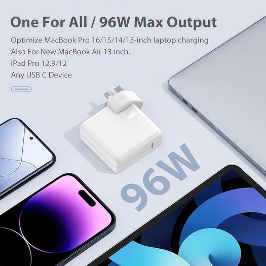 96W USB C Charger, for MacBook Pro 16, 15, 14, 13 inch 2024, 2023, 2022, 2021, M3 M2 M1, for MacBook Air, Compatible with all USB-C laptop, iPad, Equipped with 6.6ft 5A cable.