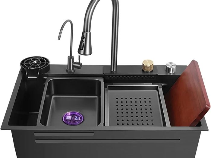 New Stainless Steel Waterfall Sink - Drop In Single Bowl Workstation Sink With Cup Washer (Black, 75x46cm)