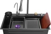 New Stainless Steel Waterfall Sink - Drop In Single Bowl Workstation Sink With Cup Washer (Black, 75x46cm)
