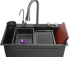 New Stainless Steel Waterfall Sink - Drop In Single Bowl Workstation Sink With Cup Washer (Black, 75x46cm)