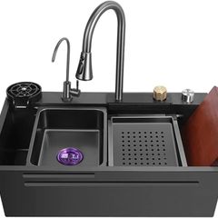 New Stainless Steel Waterfall Sink - Drop In Single Bowl Workstation Sink With Cup Washer (Black, 75x46cm)