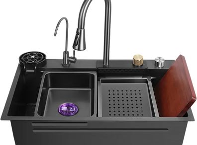 New Stainless Steel Waterfall Sink - Drop In Single Bowl Workstation Sink With Cup Washer (Black, 75x46cm)