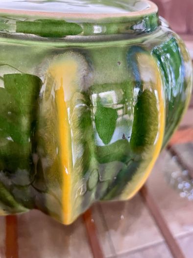 Vintage Whimsical Green Yellow Melon Bowl Flower Pot Holder Olfaire Portugal